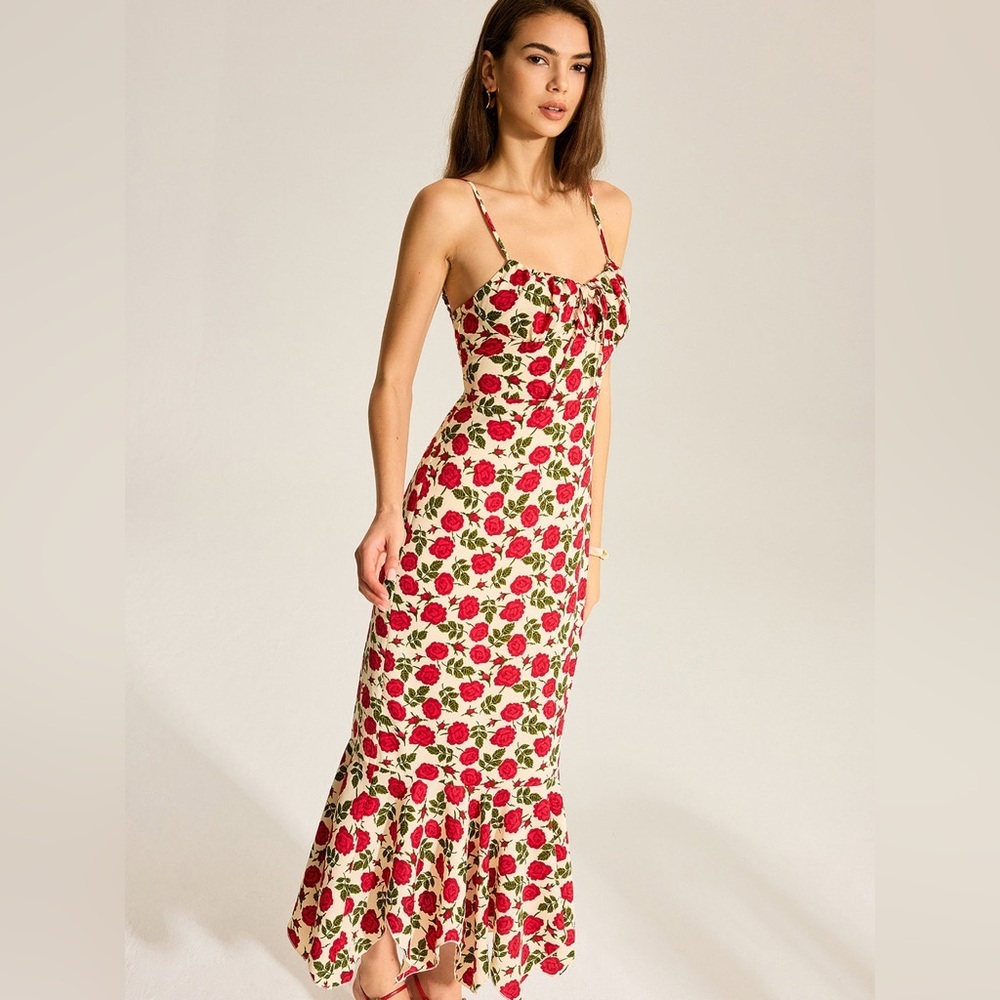 Floral Print Maxi Dress bustier milkmaid red white dress L cc23-12 Last One! - Picture 5 of 6